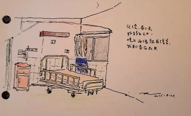 明明點滴不離身也還沒完全退燒，當時畫興真高昂像是怕遺漏當下的畫著住院第二天換了病床的狀況