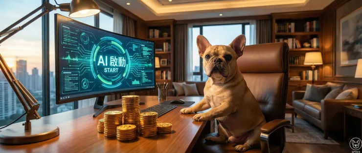 法鬥先生結語形象圖：自信坐在電腦桌前，展示透過 FlixSeek 合租平台省下的金幣積蓄，螢幕顯示 AI 工具已準備就緒。