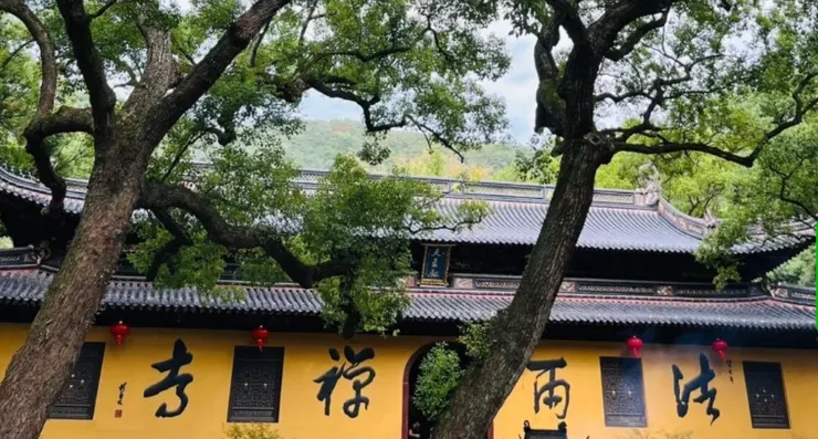法雨寺這座位於山間的古老寺廟,背景綠樹成蔭,紅燈籠掛在寺廟外牆上,營造出寧靜的宗教氛圍。