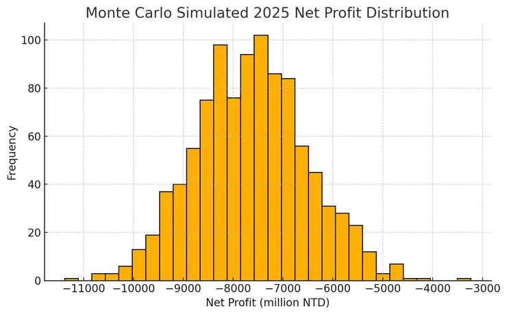 圖表展示了基於2024年淨損均值(–7,660百萬新台幣)及 ±15%標準差設定的1,000次隨機模擬結果,X軸為淨利(百萬新台幣)、Y軸為頻率。