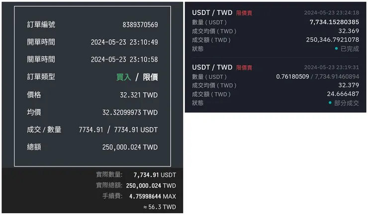MAX 買進紀錄(左) vs BitoPro 賣出紀錄(右)