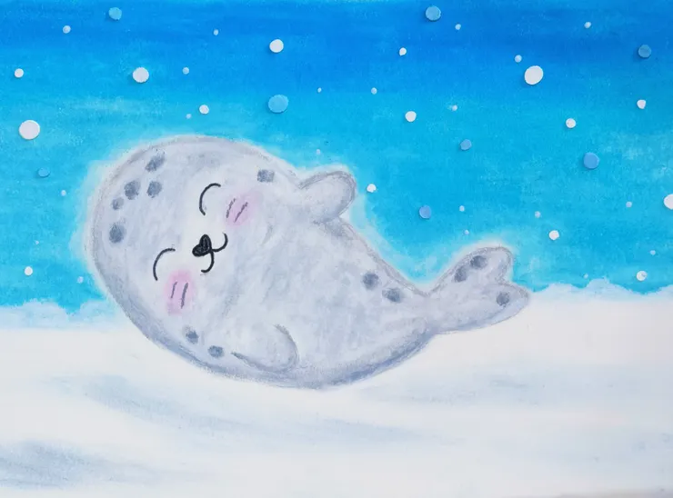 開心的Q版海豹。 油性粉彩/心晴