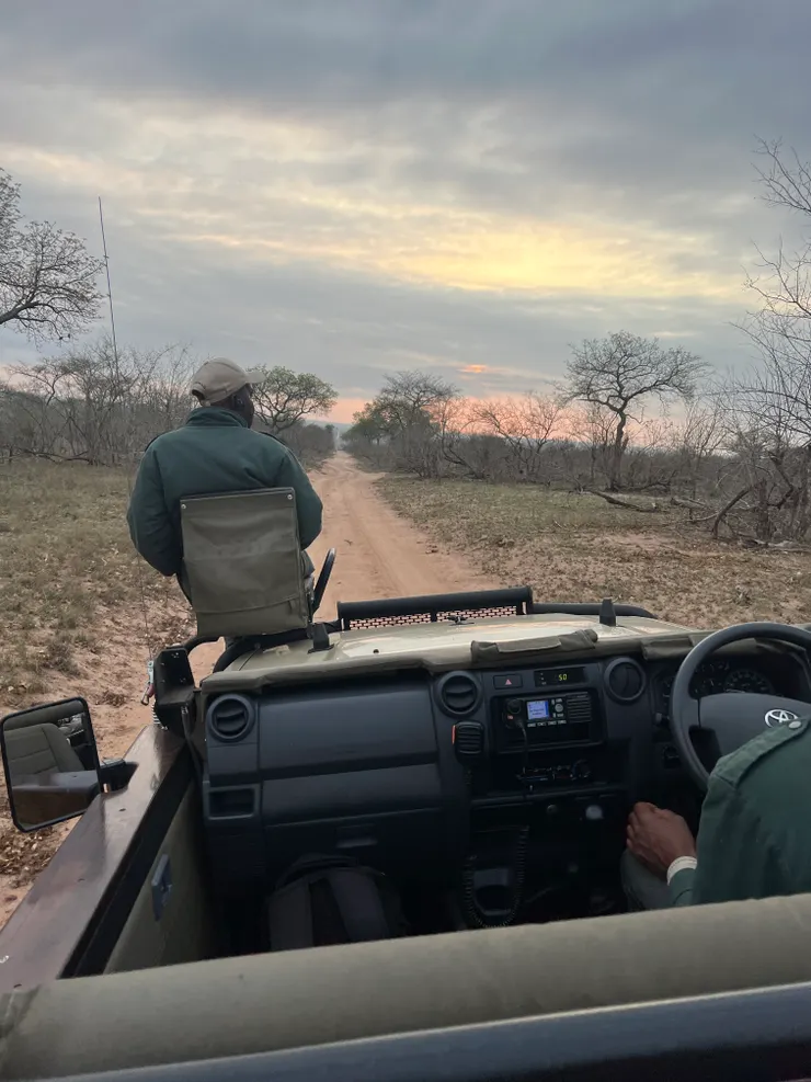 Tracker坐在車子前面尋找動物