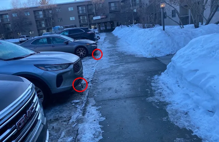 「阿拉斯加的早晨。雪還沒化，車子先醒了。」 那天的陽光太亮，連雪都在反光，整個世界靜得只剩車的呼吸。紅圈圈是從車頭跑出來的插頭！