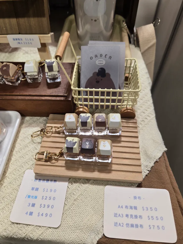 觀察名片怎麼擺放，價格怎麼標示。以及特別的商品-按鍵式的鑰匙圈