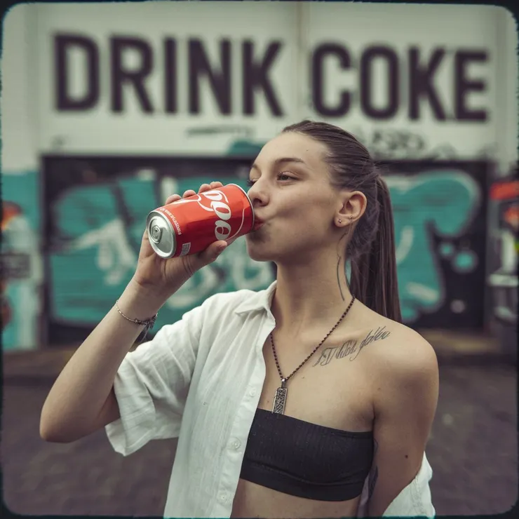 A photo of a super skinny American teenage girl with a tattoo drinking a Coke from a can. She is wearing a white shirt and a necklace. The background is blurred and contains a graffiti wall with the text "Drink Coke". The image has a vintage filter.