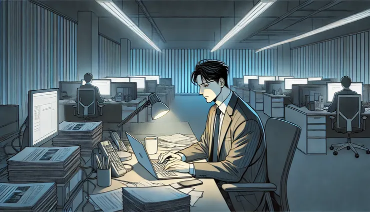 燈光冷白、空間寂靜,鍵盤聲成了唯一的陪伴。 不是沒累,只是還沒放下手邊的責任。 有些事不是為了表現給誰看, 而是為了撐住自己,撐住生活還有點秩序的樣子。