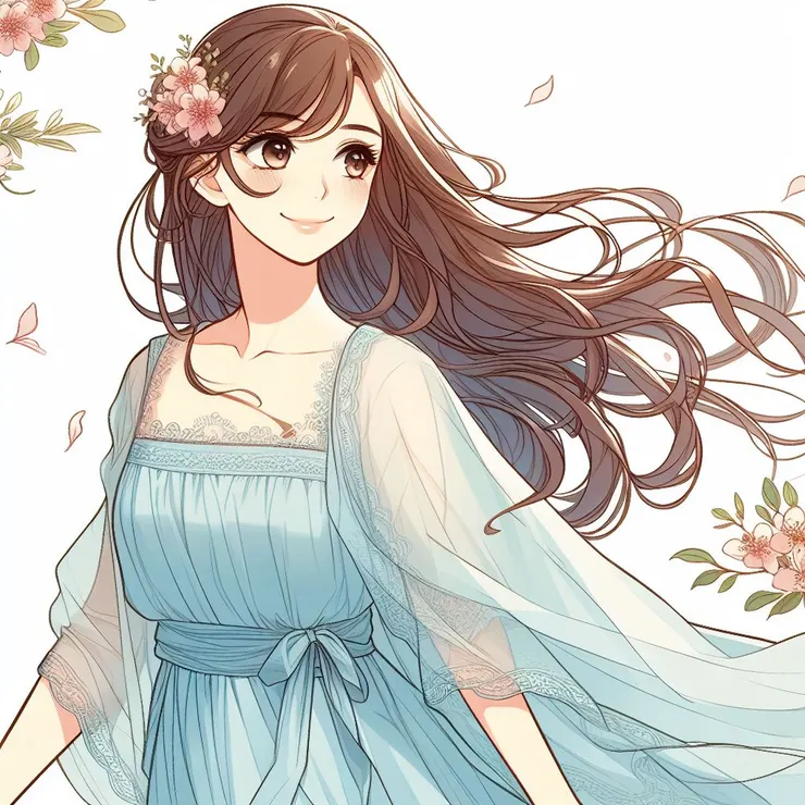 她穿著淡藍色連衣裙，風吹動髮絲，微笑著