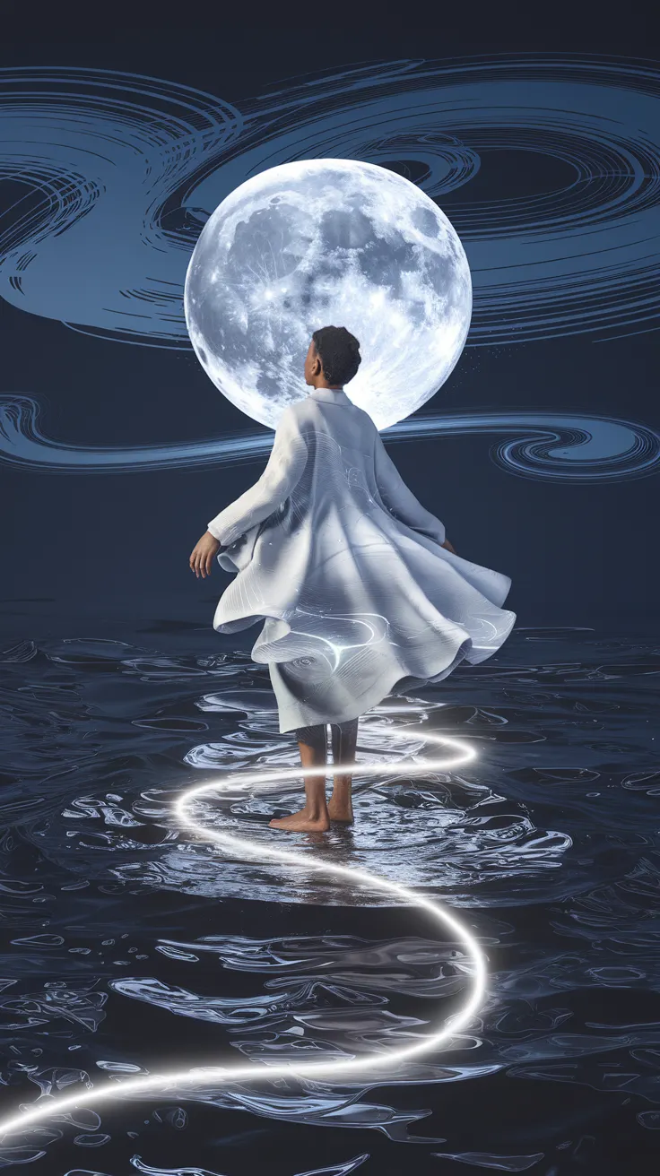 A captivating and artistically rendered scene of a person standing on the edge of a body of water, gazing towards a large, luminous moon. The person is dressed in a flowing white garment that blends seamlessly with the swirling patterns of the water around them. The background features a stylized, swirling night sky that adds a dreamlike quality to the scene. The overall effect is serene and somewhat surreal, evoking a sense of tranquility and wonderment. The light from the moon reflects off the water, creating a shimmering path that connects the person and the celestial body, suggesting a harmonious connection between the elements of earth, water, and sky.