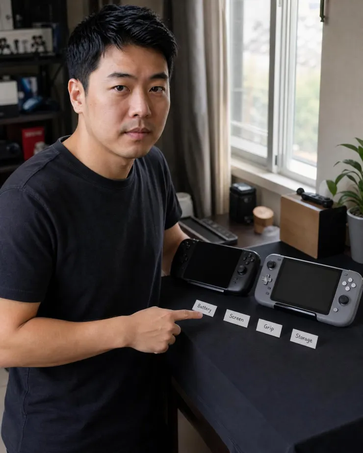 梁練偉在掌機比較桌前檢查 Switch 2 續航螢幕與握持手感