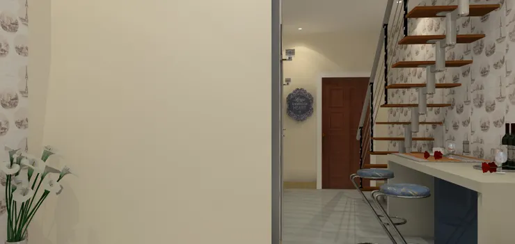 其實這房子很細小，但用了通透的樓梯、靠邊的吧枱式餐桌、以及明亮淨色的壁紙，讓房子看起來較大。