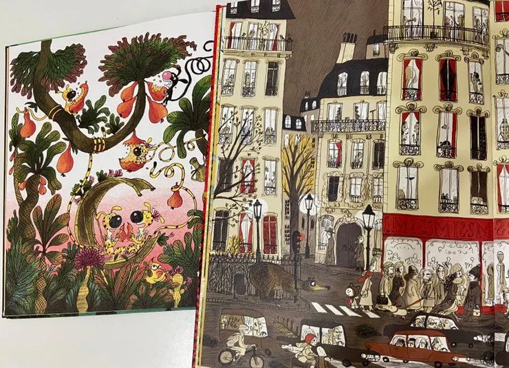 好好說：「看到沒？長尾豹森林裡樹葉的紋路跟小熊這本房子牆壁和窗戶旁邊的捲捲的圖案不是很像嗎？」