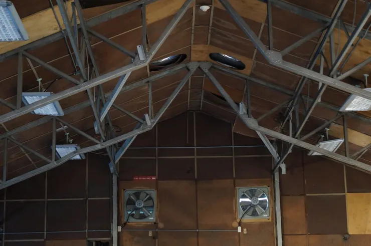 作為材料室使用的綠色倉庫，以鋁桁架支撐斜屋頂。（2021年。筆者友人提供）