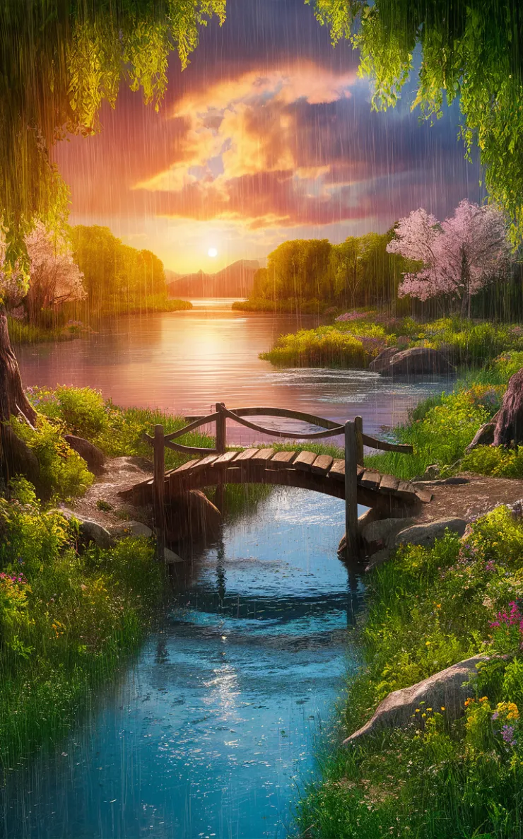 A breathtaking 3D render of a serene lake and creek during a spring rain. The sky is ablaze with warm oranges and pinks, casting a golden glow over the tranquil water. Vibrant green foliage and colorful flowers frame the scene, providing a beautiful backdrop. A wooden bridge arches gracefully over the creek, offering a picturesque view of the setting sun. The overall ambiance is peaceful and rejuvenating, perfectly capturing the essence of nature blossoming in springtime., 3d render