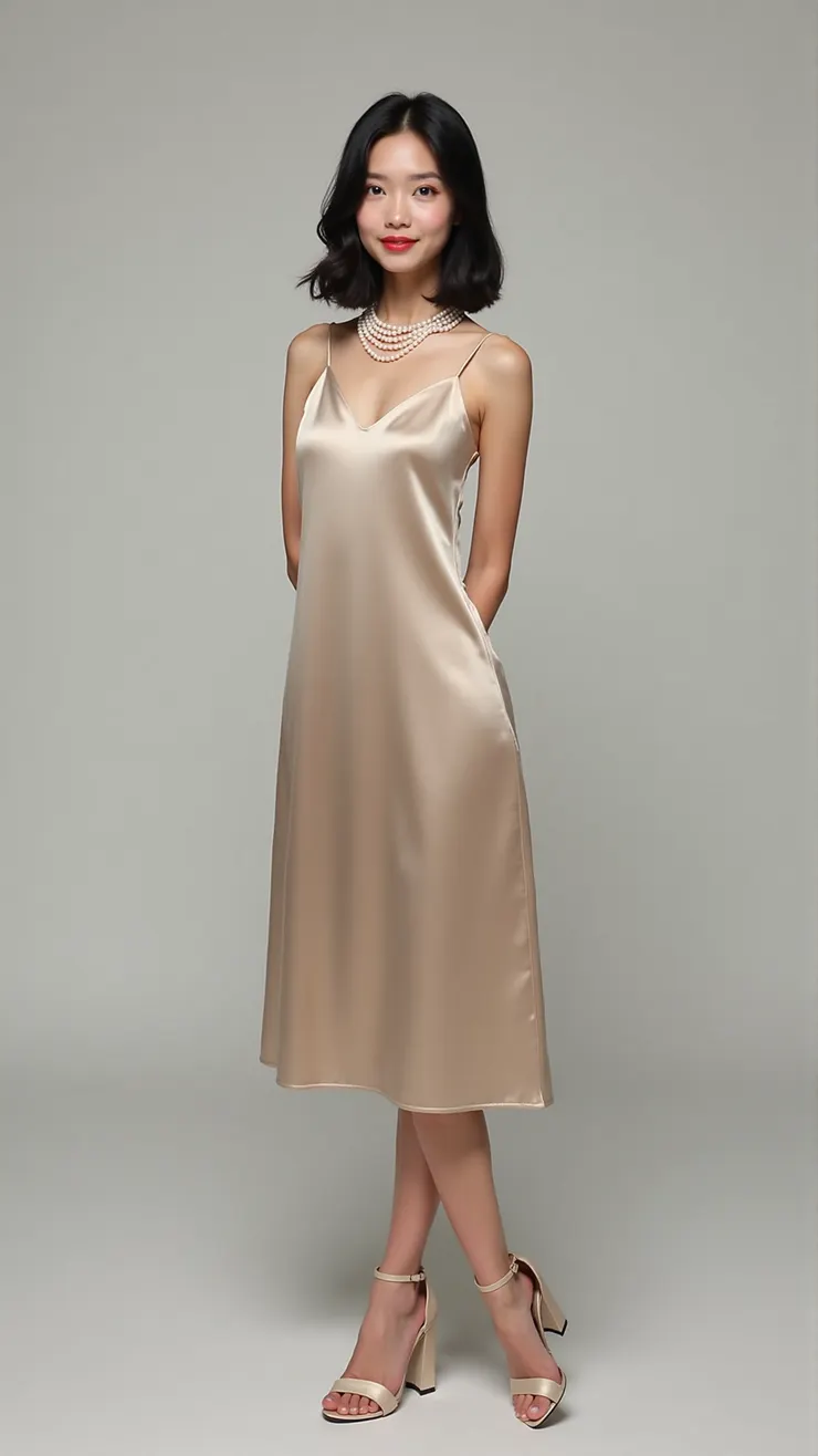 Satin slip dress, pearl necklace, block heels( 緞面吊帶禮服，珍珠項鍊，粗跟鞋 )