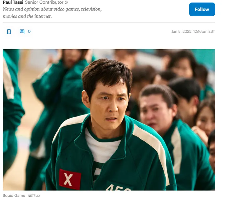 圖片及文章出處https://www.forbes.com/sites/paultassi/2025/01/08/squid-game-dethroned-in-netflixs-top-10-list-by-a-new-show/