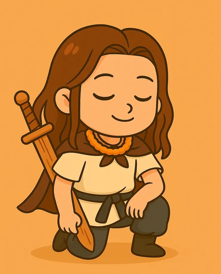 這張圖是我內心的小小投射吧～就像是把自己想像成一個武俠小孩，披著小披風、拿著木劍，蹲下時還一臉專注安定。雖然現實中的我常常緊張到手抖，但心裡總希望自己能像這樣，帶著一份篤定，勇敢往前走。因為我的勇氣，從來不是天生的，而是一次次抖著手，還是選擇邁出一步。