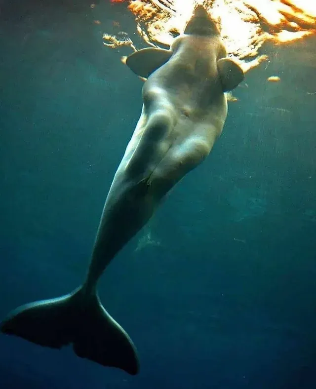 仰視角度拍攝的小白鯨。原出處未知