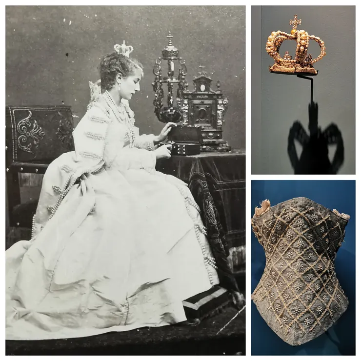 莎拉在雨果創作的悲劇《呂・布拉斯》（Ruy Blas）中扮演皇后諾伊堡的瑪麗亞·安娜（Dona Maria de Neubourg）。圖為劇照及莎拉在劇中穿戴的束腰及皇冠。