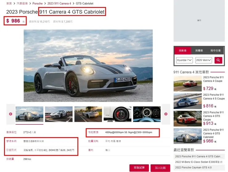 PORSCHE 911 (992) Carrera 4 GTS Cabriolet台灣新車價格、油耗、性能...等等。