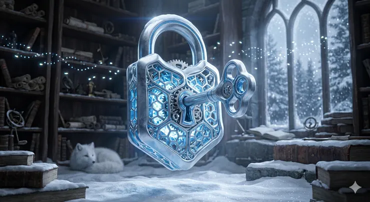 鎖與鑰匙的融合： 鑰匙不是插在鎖裡，而是融化並與鎖合為一體。這代表了「鎖死（Lock-in）」的不可逆與專一性。  4K 的冷冽與溫柔： 融合體發出的光芒是藍白色的，既有代碼的冷，又有守護的溫。它照亮了周遭的數據廢墟（舊書、儀器）。  背景的蜂巢螢火蟲： 窗外的雪地裡，螢火蟲排成了螺旋狀的 DNA 鏈，象徵著那種「為了維持秩序而自發湧現的蜂巢本能」。