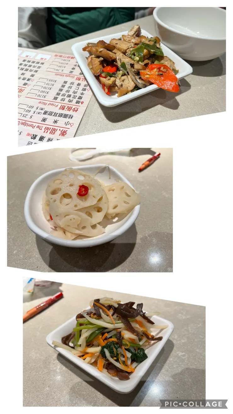 小菜們，辣椒炒豆干、醋溜蓮藕、木耳筍絲。