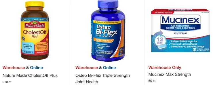 Nature Made控制膽固醇錠$26.49，OSTEO維骨力$23.49，Mucinex 加強咳嗽錠$27.49。