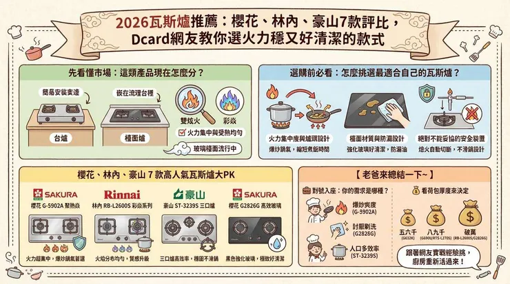 2026瓦斯爐推薦：櫻花、林內、豪山7款評比，Dcard網友教你選火力穩又好清潔的款式