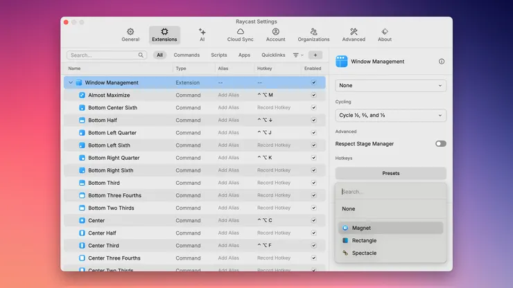 在擴充設定可以為視窗管理指令選擇預設的快捷鍵組合，上圖是選擇了 Magnet 的快捷鍵預設值