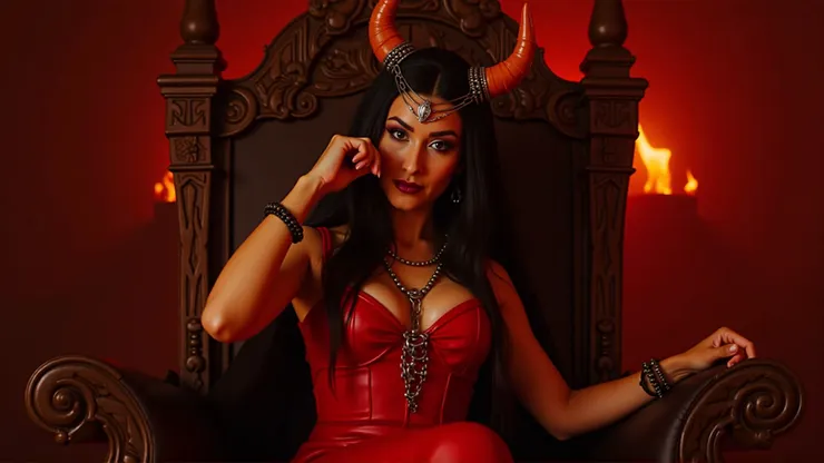 Demon Princess: Red leather dress, horns, black veil, chain accessories( 惡魔公主:紅色皮革洋裝、惡魔角、黑紗、鍊條配飾 )