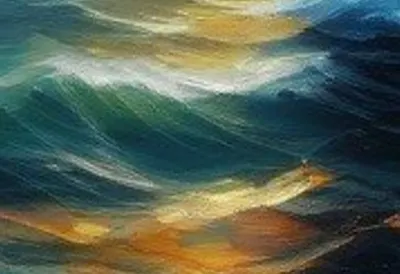 放大細節：顏料的痕跡，用來表現波浪。但這是AI圖，所以看看AI繪圖可以仿得多像，不現場作畫，一般人根本很難辨別真假。