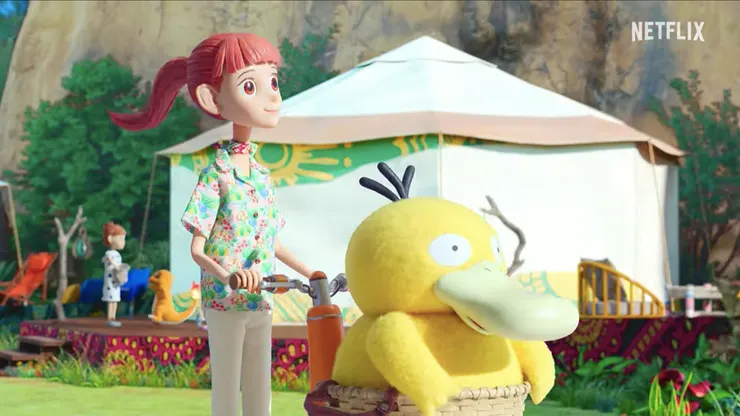 戲份最多的應該就是可達鴨了。這段好建議看正片，可達鴨的聲音超級療癒～（圖源｜《寶可夢 禮賓部》| 正式預告 | Netflix）
