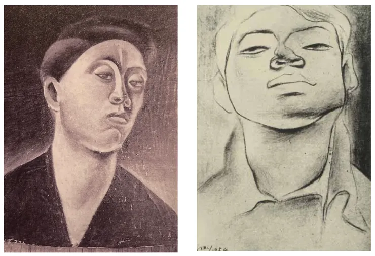 (左)霍剛1952-3年的自畫像。(右)霍剛1954年的自畫像。