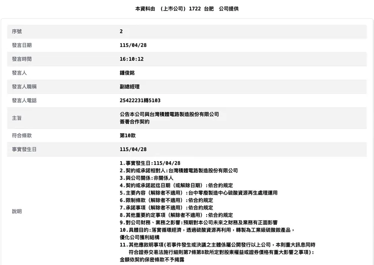 台肥公告