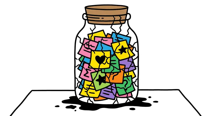 便利貼象徵著他人隨手貼上的要求，裂痕代表著長期壓力的累積。這象徵著當一個人裝載了太多不屬於自己的意志，破碎是唯一的結局。