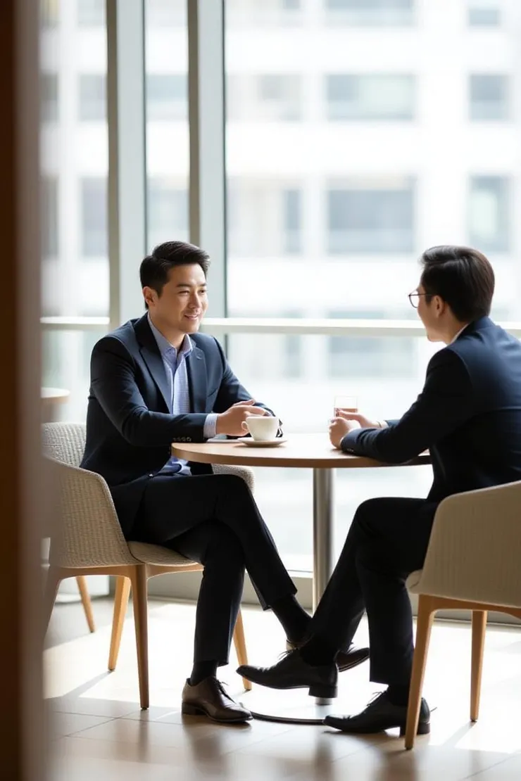 一名中年員工隱晦地和同事閒聊,暗示外面工作與景氣狀況。