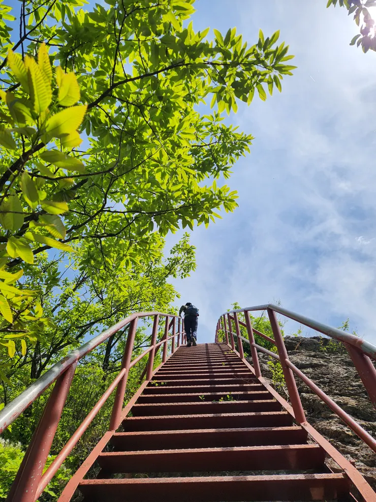 當看見這個大紅樓梯時，就代表飛龍臺要到了