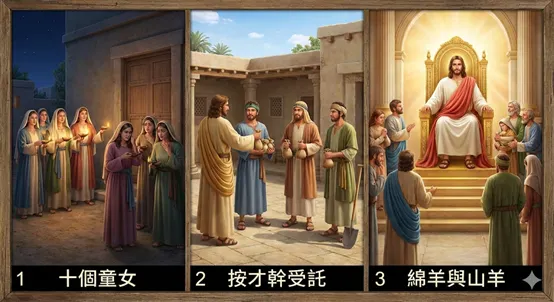 耶穌《馬太福音》25章三個著名比喻具體說明門徒應如何「預備」主的再來