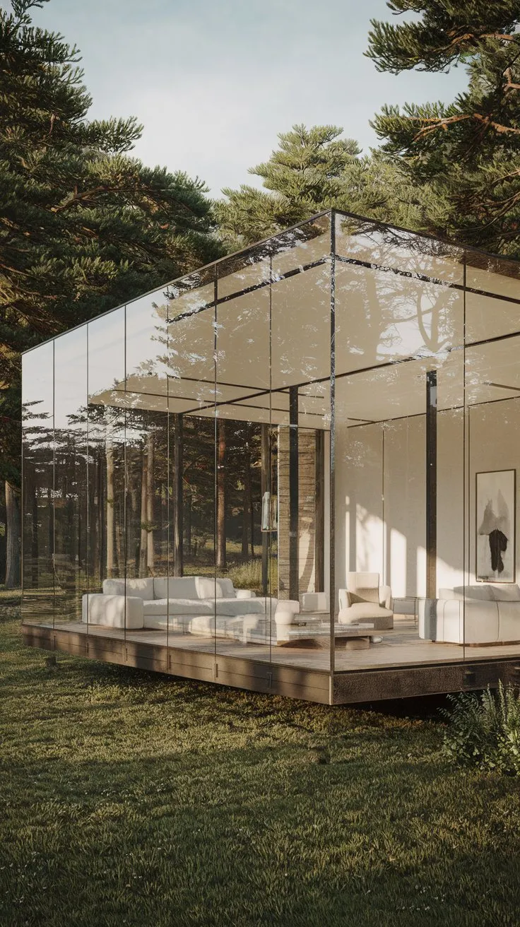 A stunning glass box modern house surrounded by lush forest, floor-to-ceiling glass walls, minimalist interior, natural light flooding in, trees reflected in glass, daytime, photorealistic, architectural rendering