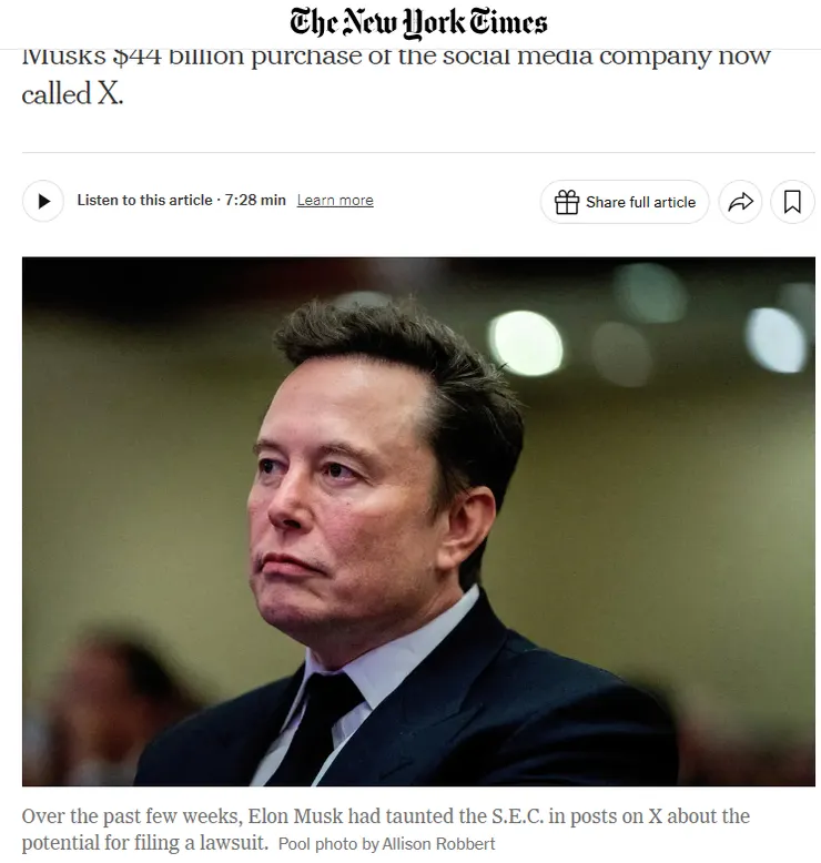 圖片及新聞英文原文出處https://www.nytimes.com/2025/01/14/technology/sec-elon-musk-securities-violations.html
