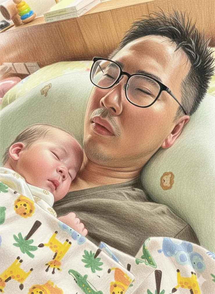 累了的爸爸與撒嬌的多多