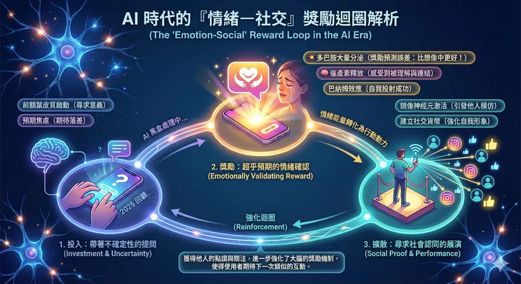 投入（提問）→ 獲得獎勵（暖心回覆）→ 社交擴散（發文炫耀）」