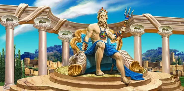 数码艺术：海神波塞冬的雕像矗立在亚特兰蒂斯神殿中