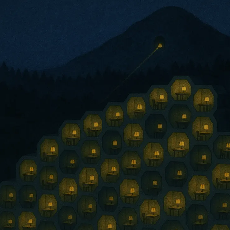 山腳下那座文字蜂巢，每一格都亮著不同顏色的小燈。有人正把故事推到格子邊緣，等著哪個路過的旅人，願意停下來伸手接走一角光。