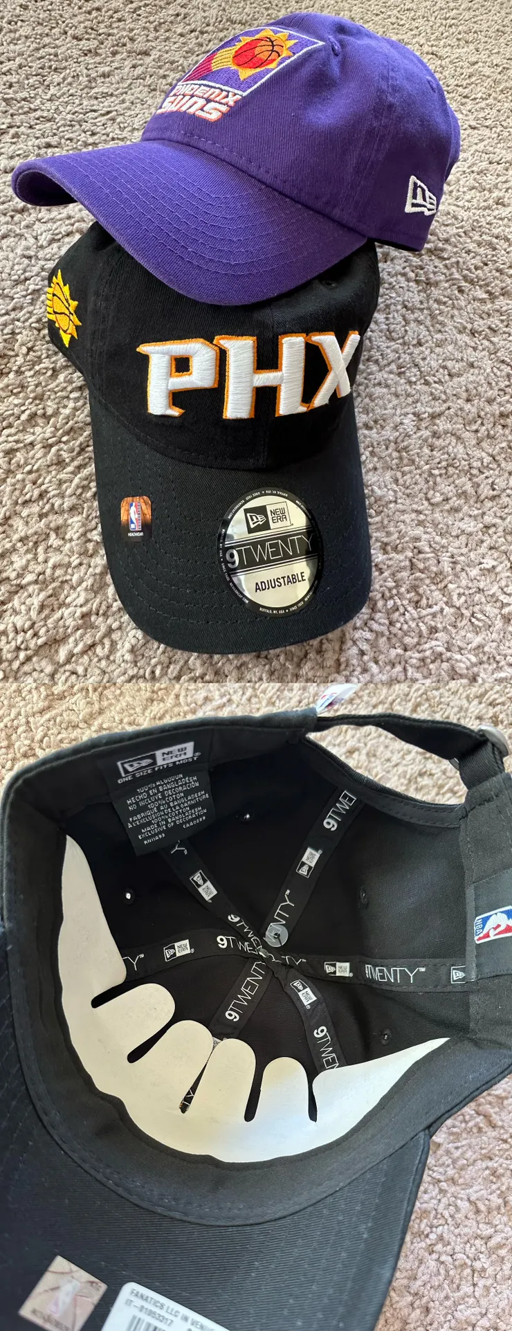 太陽隊的代表色有紫、橘、灰、黑、黃,喵選了一頂紫色、正中間繡著太陽隊標誌的球帽當紀念,還有一頂黑色、標誌繡在側邊的球帽給老爺 (圖/躲貓貓)