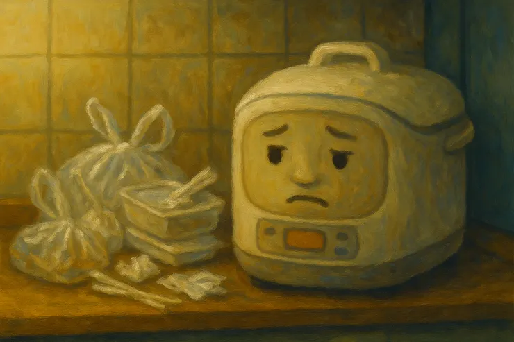 电饭煲R3一臉惆悵的看著梁練偉家廚房角落的外送袋子堆