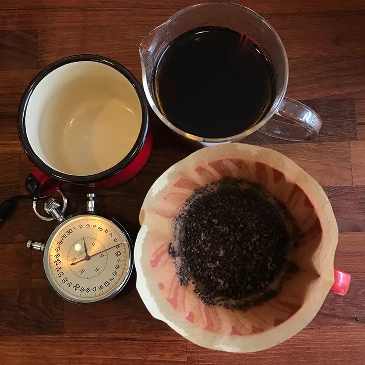 Hario V60，含悶蒸時間耗時2分18.78秒，一注到底注水法。
