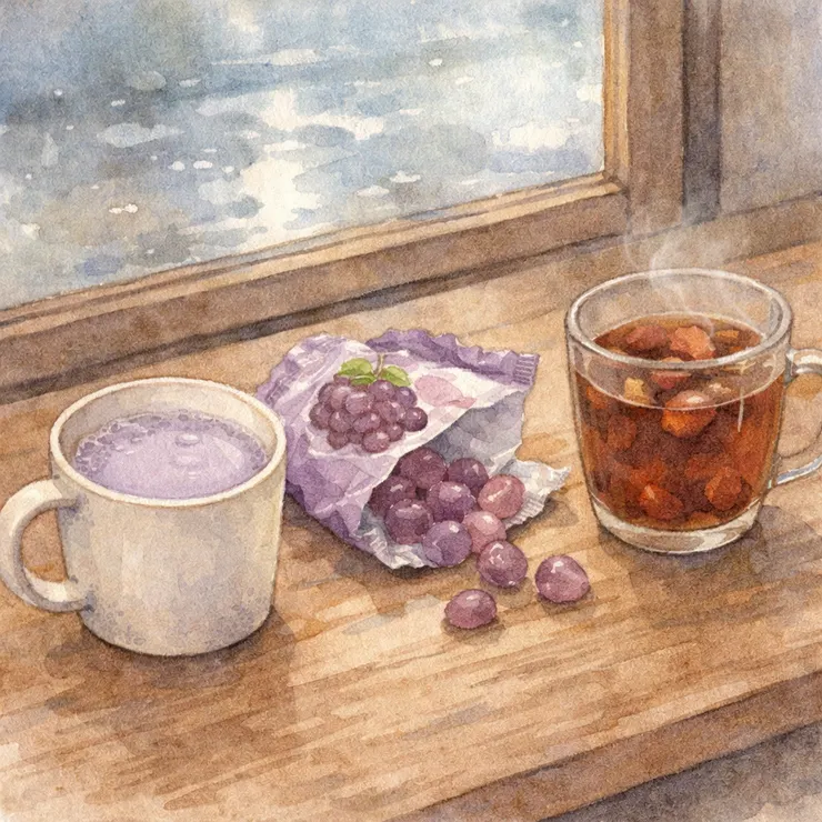 雨後的室內靜物示意圖。以飲品與甜味，描繪一段未說出口的心事。〈本封面示意圖由AI協助生成。〉