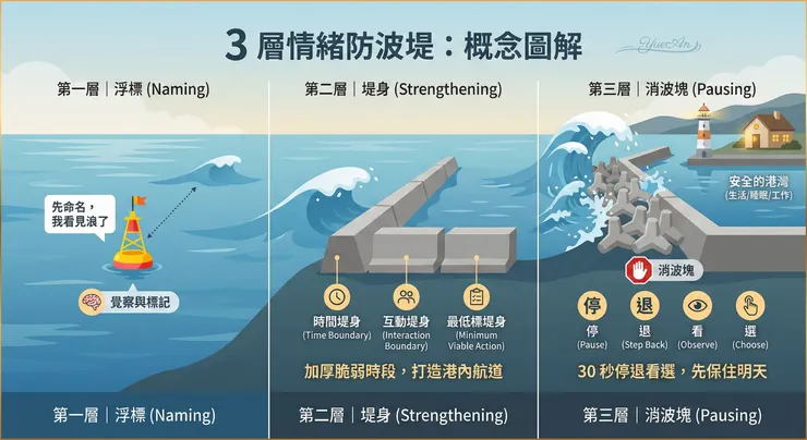 這張圖不是雞湯，是一套「先保住明天」的實證結構：第一層先命名（情緒標籤化 Affect Labeling）讓浪有名字；第二層加厚脆弱時段，用界線與最低標減少耗損；第三層用 DBT 的 STOP（停／退／看／選）把衝動拆小，讓你在浪裡仍握得住選擇權。浪來的時候，先保住明天，你才有力氣決定下一步。