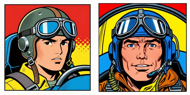 Prompt: A retro Pop Art comic book panel. A close-up of a vintage fighter pilot in a cockpit wearing a helmet and goggles. Bold black outlines, flat primary colors (red, yellow, blue), visible halftone dot patterns (Ben-Day dots) across the shadows and the helmet reflection, graphic novel aesthetic. (左：Z-Image-Turbo 右：FLUX-2 [dev])